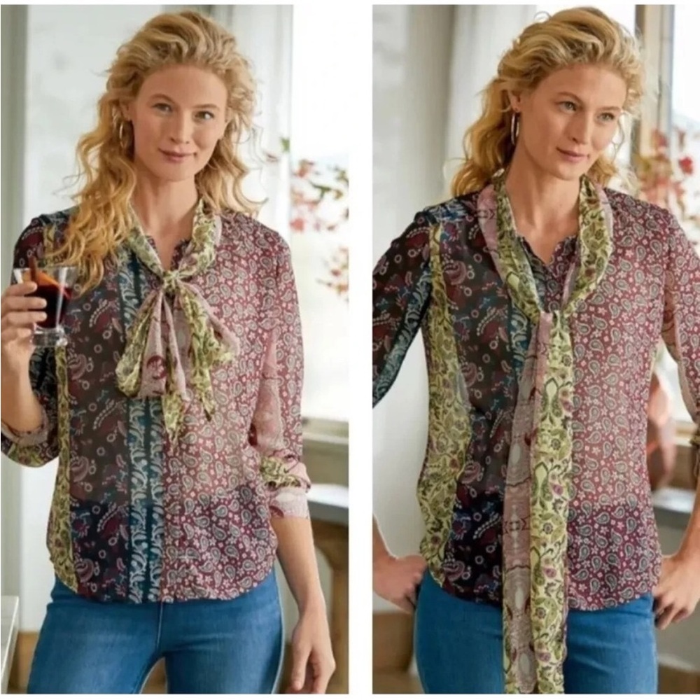 Soft Surroundings Langdon Paisley Patchwork Button Down Blouse Shirt Top